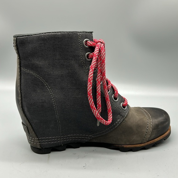 SOREL PDX GRAY LEATHER CANVAS LUG SOLE HIDDEN WEDGE HEEL LACE UP BOOT SIZE 8.5 - Picture 5 of 10